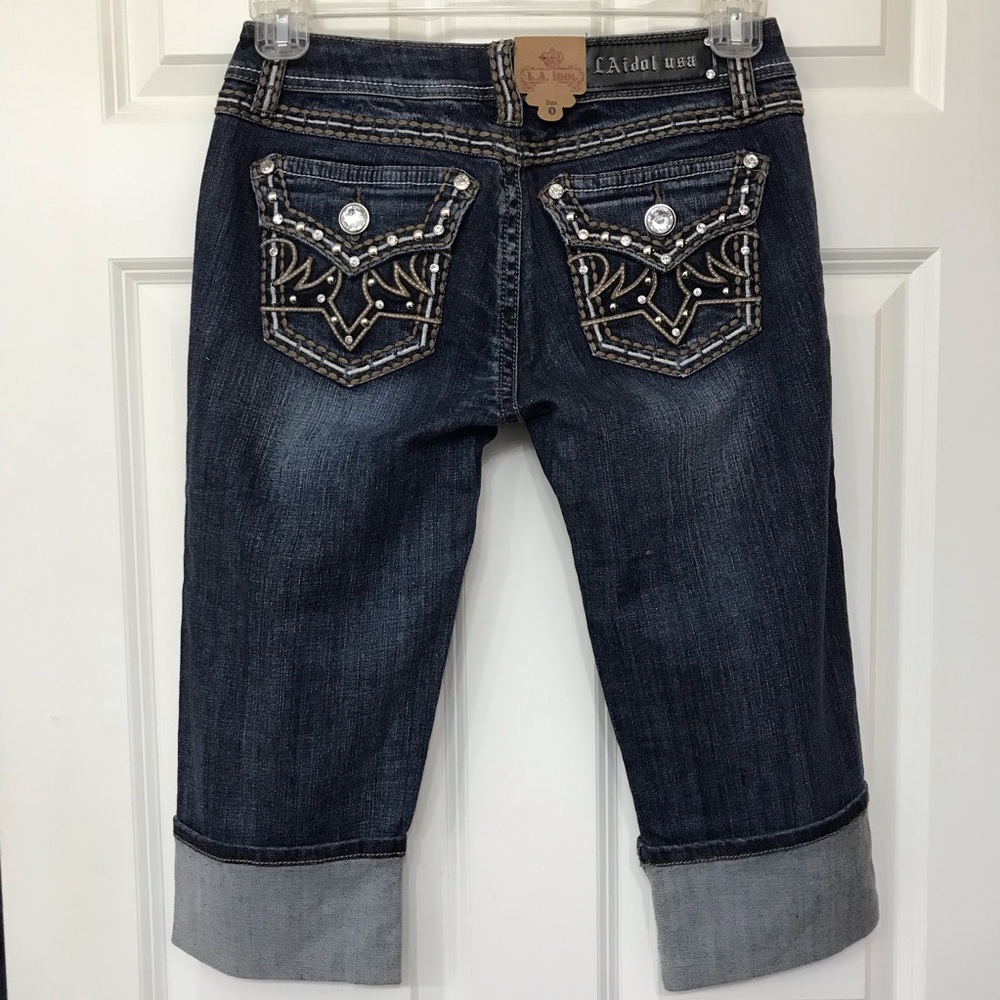 L.A. Idol Capri Jeans Rhinestone Jeweled Embellished Embroidered Ladies 9 New